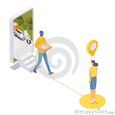 Delivery man holds pizza for customer and comes out mobile phone. Concept illustration for quick order food services isometric. 3d Cartoon Illustration