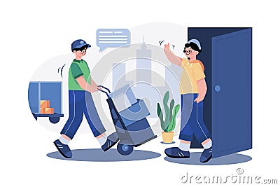 Delivery man pushes the hand truck trolley full of cardboard boxes hands package to a customer Vector Illustration
