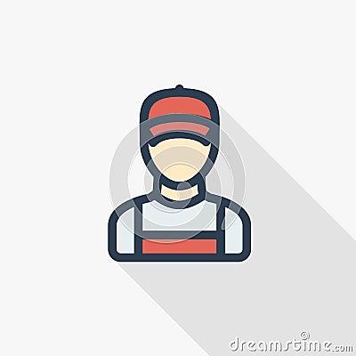 Delivery man in red uniform thin line flat color icon. Linear vector symbol. Colorful long shadow design. Vector Illustration