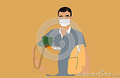 Delivery man retro logo. Bearded courier with parcel - vintage emblem. Vector illustration. Vector Illustration