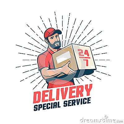 Delivery man retro logo. Bearded courier with parcel Vector Illustration