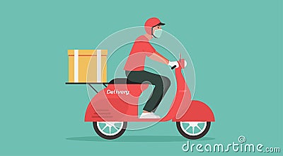 Delivery man ride motorcycle wear face mask Vector Illustration