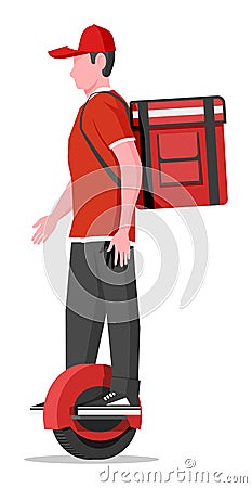 Delivery man riding monowheel with the box. Vector Illustration