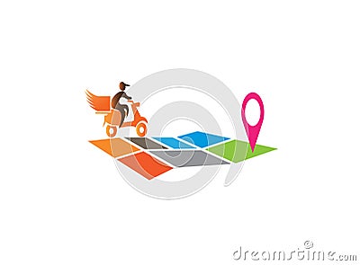 A delivery man riding the moto on the map for logo design Cartoon Illustration