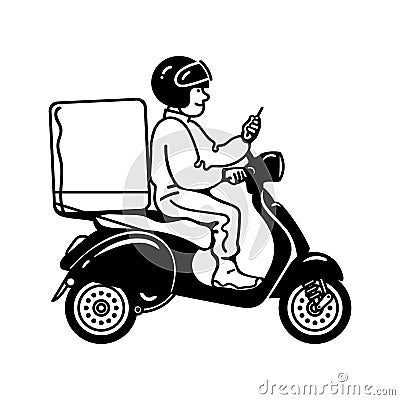 Delivery man riding scooter. Courier on motorbike. Online delivery service. Vector illustration Vector Illustration