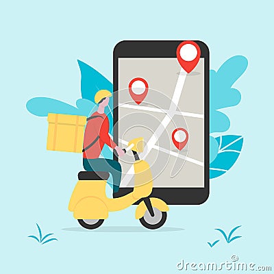 Delivery man riding scooter. Online food order service Vector Illustration