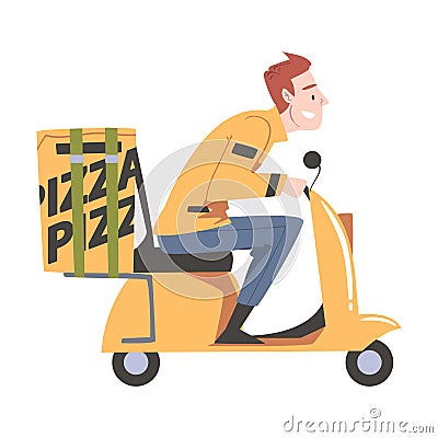 Delivery Man Riding Scooter, Pizza Delivery Service Cartoon Style Vector Illustration Vector Illustration