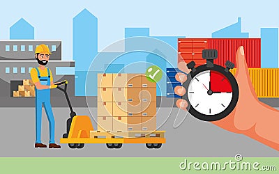 Delivery man and trolleys with boxes and containers Vector Illustration