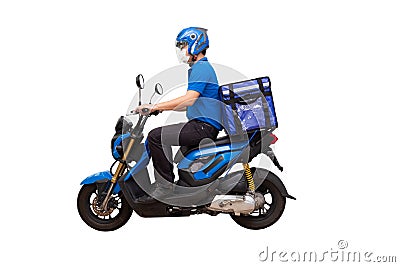 Delivery man wearing blue uniform riding motorcycle and delivery box. Stock Photo