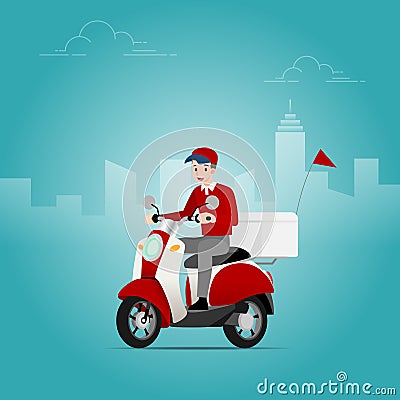 The delivery man who wear a cap riding a scooter, motorcycle, to send the goods from the shipping company to deliver to the custom Vector Illustration