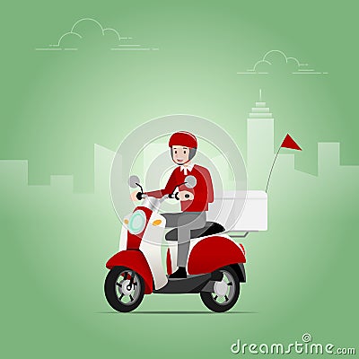 The delivery man who wear a helmet riding a scooter, motorcycle, to send the goods from the shipping company to deliver to the cus Vector Illustration