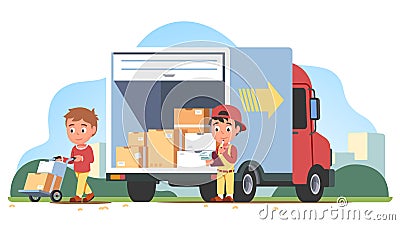 Delivery men delivering, unloading cardboard boxes Vector Illustration