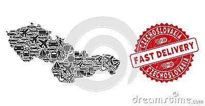 Delivery Mosaic Czechoslovakia Map with Scratched Fast Delivery Watermark Vector Illustration