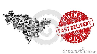 Delivery Mosaic Jilin Province Map with Textured Fast Delivery Seal Vector Illustration