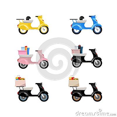 Delivery motorcycles flat color vector objects set Vector Illustration