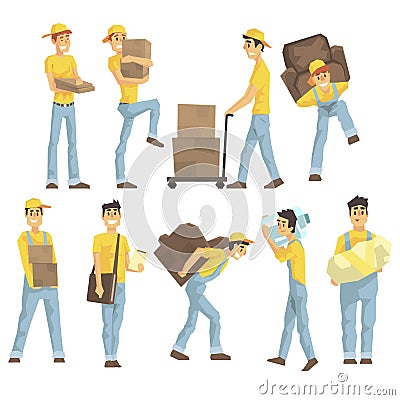 Delivery And Moving Company Employees Carrying Heavy Objects, Delivering Shipments And Helping With Removal Set Of Vector Illustration