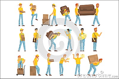 Delivery And Moving Company Employees Carrying Heavy Objects, Delivering Shipments Helping With Resettlement Set OF Vector Illustration