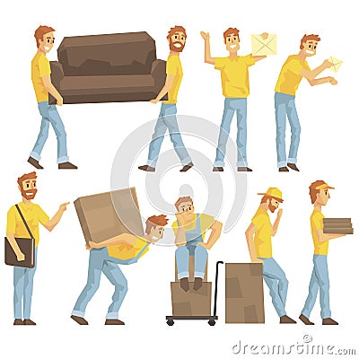 Delivery And Moving Company Employees Carrying Heavy Objects, Delivering Shipments And Helping With Resettlement Set OF Vector Illustration