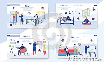 Delivery, Office Relax, Work Space and Obeya Room. Vector Illustration