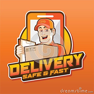 Delivery Order Mascot with Smartphone Logo Stock Photo