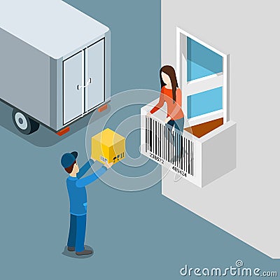 Delivery package home door box deliveryman customer flat vector Vector Illustration