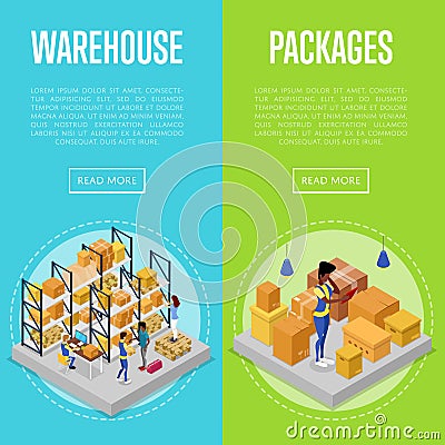 Delivery packing and warehouse management set Vector Illustration