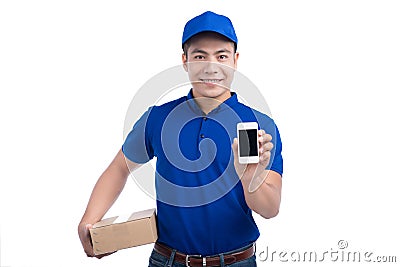 Delivery Person. Asian postman with parcel box showing mobile ph Stock Photo