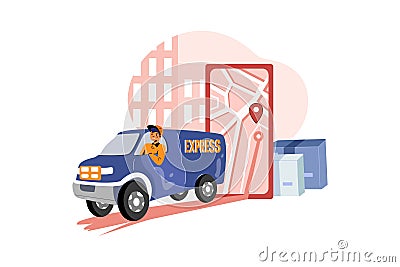 Delivery Person following address route in maps in smartphone for delivering the parcel Vector Illustration