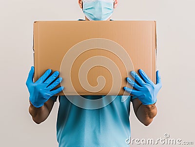 Delivery Person Holding Cardboard Box with Gloves and Mask Stock Photo