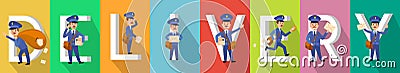 DELIVERY Picture Set with Mailman Characters. Vector Illustration