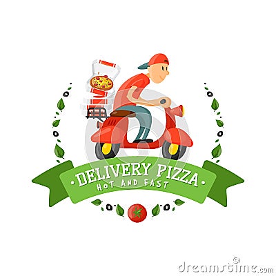 Delivery pizza badge man on scooter vector illustration. Vector Illustration