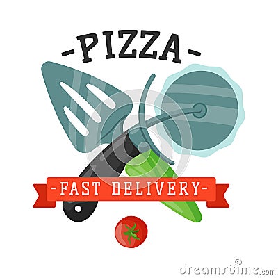 Delivery pizza knife and spatula badge vector illustration. Vector Illustration