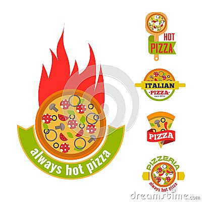 Delivery pizza vector logo badge pizzeria restaurant service fast food illustration. Vector Illustration