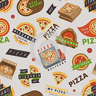 Delivery pizza logo badge pizzeria restaurant service fast food vector illustration seamless pattern background Vector Illustration