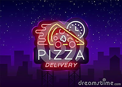 Delivery pizza neon sign. Logo in neon style, light banner, luminous symbol, bright night neon advertising food delivery Vector Illustration