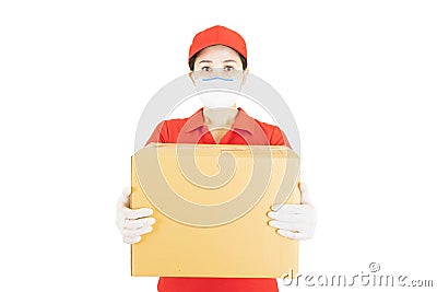 Delivery postal service asian woman in red uniform isolated on white background working as courier or dealer holding and Stock Photo