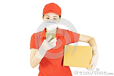 Delivery postal service asian woman in red uniform isolated on white background working as courier or dealer holding and Stock Photo