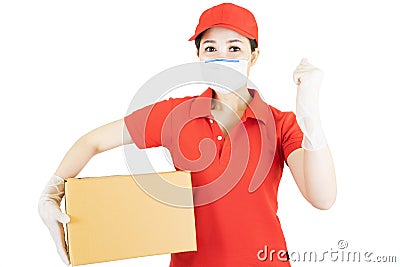 Delivery postal service asian woman in red uniform isolated on white background working as courier or dealer holding and Stock Photo