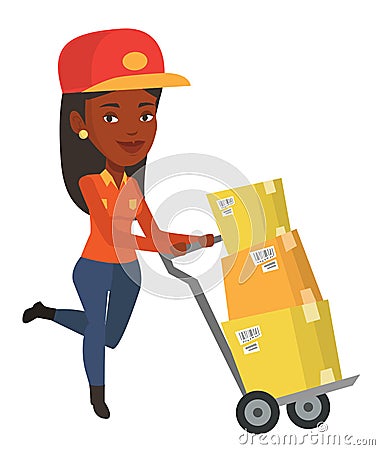 Delivery postman with cardboard boxes on trolley. Vector Illustration