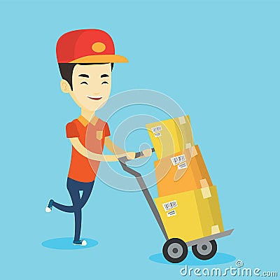 Delivery postman with cardboard boxes on trolley. Vector Illustration