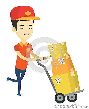 Delivery postman with cardboard boxes on trolley. Vector Illustration