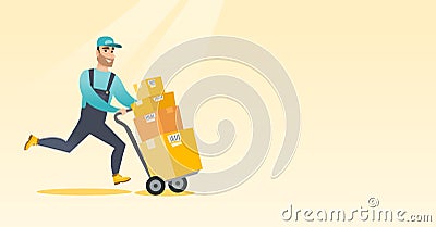 Delivery postman with cardboard boxes on trolley. Vector Illustration