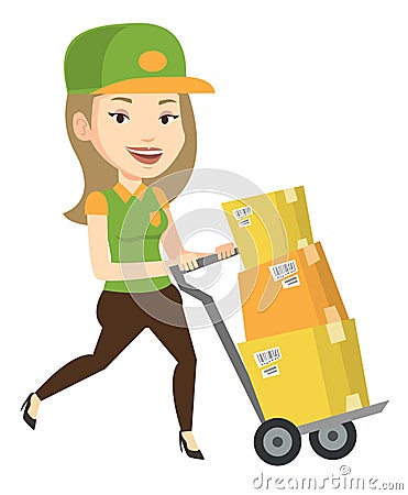 Delivery postman with cardboard boxes on trolley. Vector Illustration