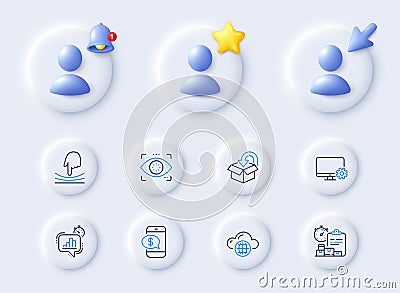 Delivery report, Eye detect and Return package line icons. For web app, printing. Vector Stock Photo