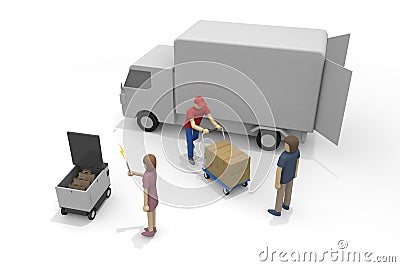 A delivery robot delivers. Courier will deliver. deliver the goods to the house. Stock Photo