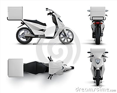 Delivery scooter. Realistic motorcycle with blank bag for food and drinks, restaurant and cafe courier bike with white Vector Illustration