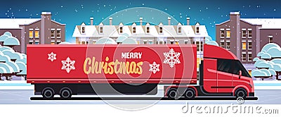 Delivery semi truck driving city street shipping transport for merry christmas happy new year winter holidays Vector Illustration