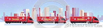 Delivery semi trucks driving city street shipping transport for merry christmas happy new year winter holidays Vector Illustration