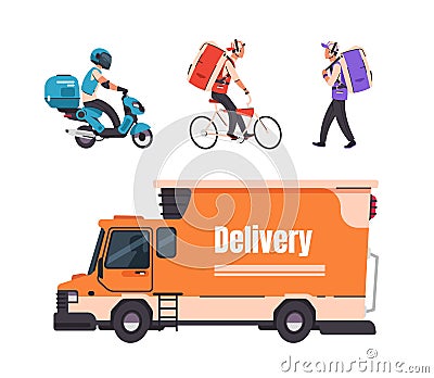 Delivery service. Cartoon walking courier, on bicycle, scooter and car, online food and goods delivery service to home Vector Illustration
