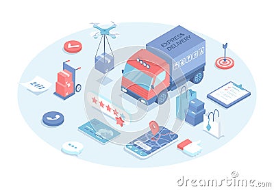 Delivery service. Check and track the delivery shipment of goods to the customers. Delivery truck, drone, mobile app, parcels. Vector Illustration